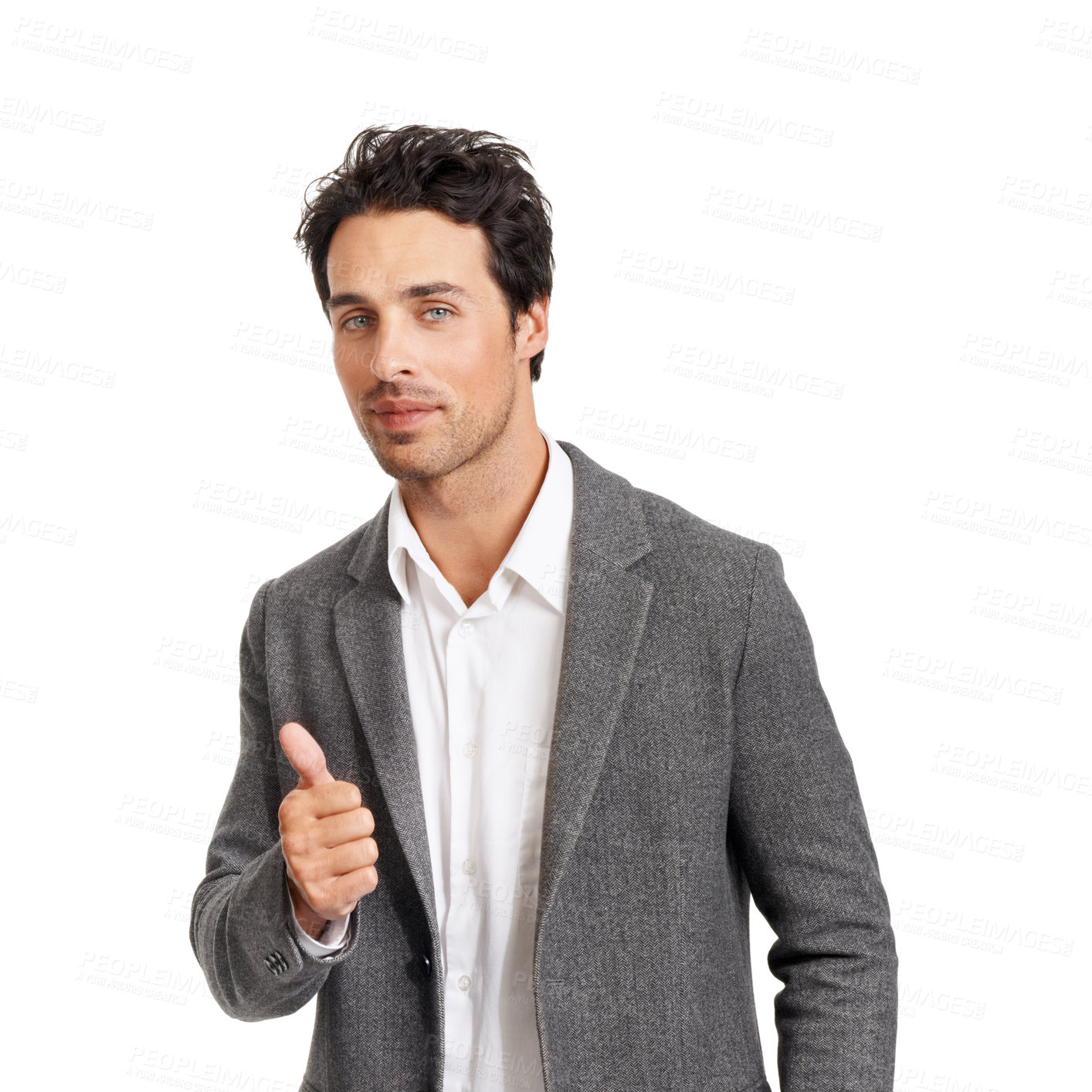 Buy stock photo Business, portrait and man with thumbs up in studio for feedback, review or excellence on white background. Face, smile and male entrepreneur with yes hand emoji for vote, support or success gesture