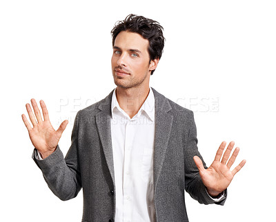 Buy stock photo Stop, hands and portrait of business man in studio with limit, order or control gesture on white background. Protest, palm and face of entrepreneur with wait emoji for denial, warning or not allowed