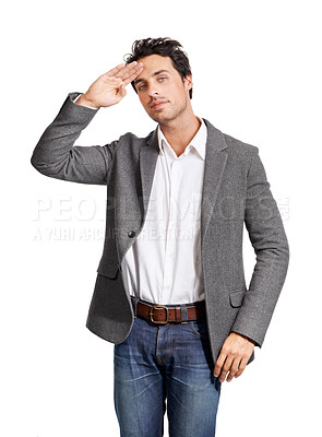 Buy stock photo Portrait, salute and business man in studio with hand gesture for hello, respect or honor on white background. Palm, face and male entrepreneur with finger emoji for greeting, hi or attention wave
