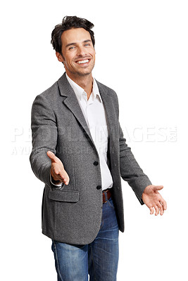 Buy stock photo Happy, portrait and business man with handshake offer in studio for welcome or hello on white background. Face, thank you and male entrepreneur smile with shaking hands emoji, support or pov b2b deal