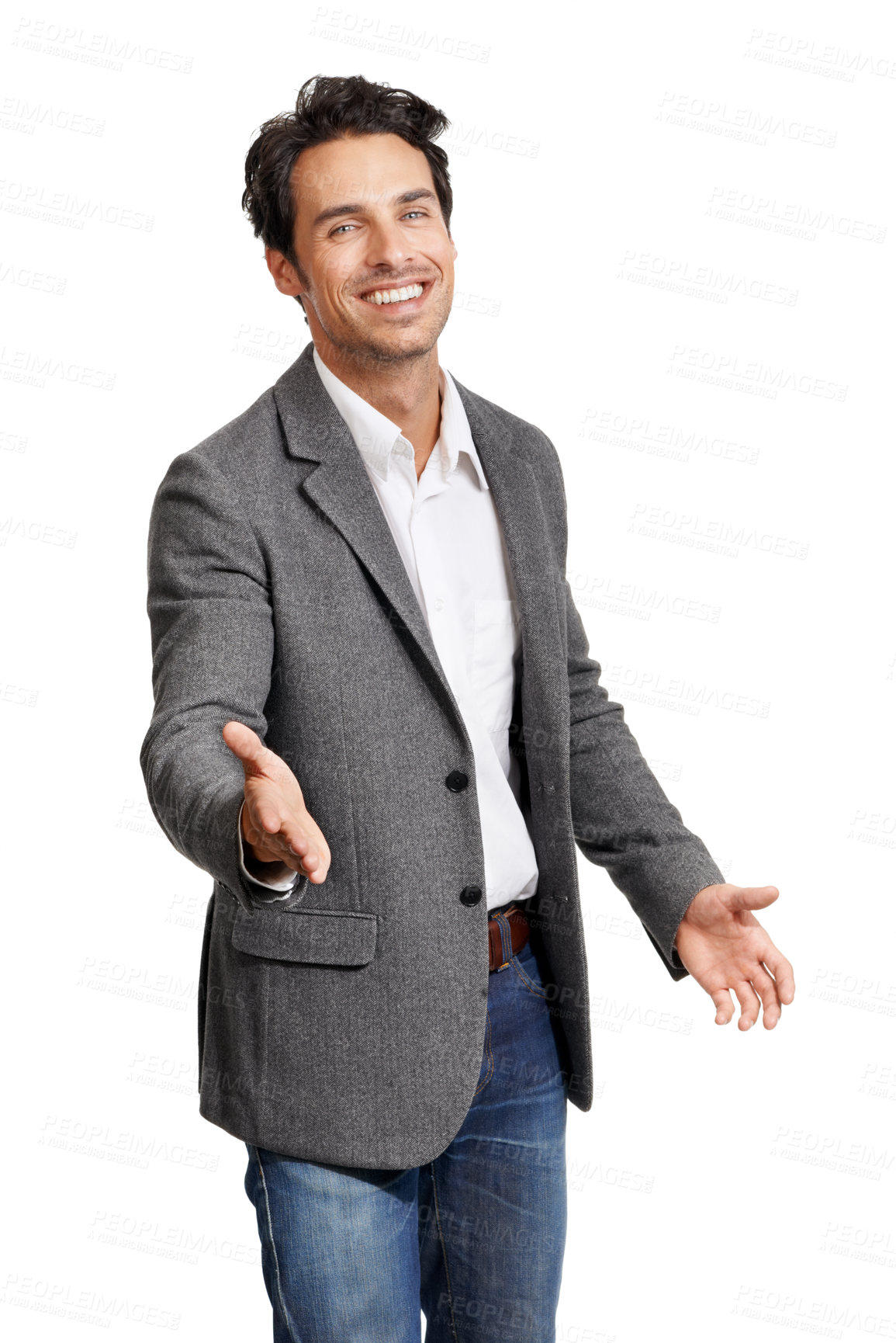Buy stock photo Happy, portrait and business man with handshake offer in studio for welcome or hello on white background. Face, thank you and male entrepreneur smile with shaking hands emoji, support or pov b2b deal