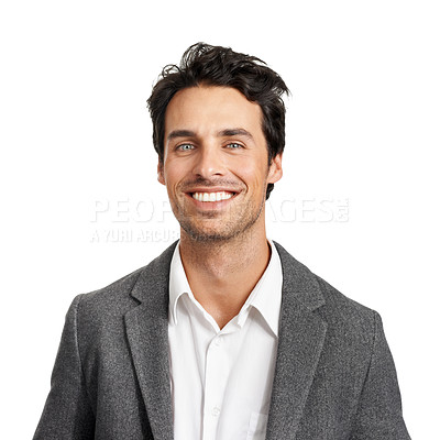 Buy stock photo Happy, portrait or business man in studio with positive mindset, attitude or good mood on white background. Face, smile or male lawyer cheerful for new job, first day or career choice at a law firm