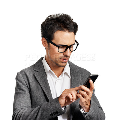 Buy stock photo Phone, search and serious businessman in studio reading social media chat on white background. Smartphone, app or male manager online for texting, contact or web communication, faq or crm management