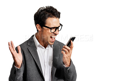 Buy stock photo Angry, screaming and business man with phone call conflict or stress in studio on white background. Smartphone, fail or guy entrepreneur shouting at phishing, scam or frustrated by app, 404 or glitch