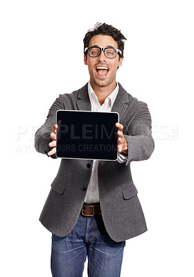 Buy stock photo Tablet screen, portrait and business man in studio with wow news, info or promo on white background. Digital, display and face of entrepreneurship with app, platform or sign up, deal or presentation