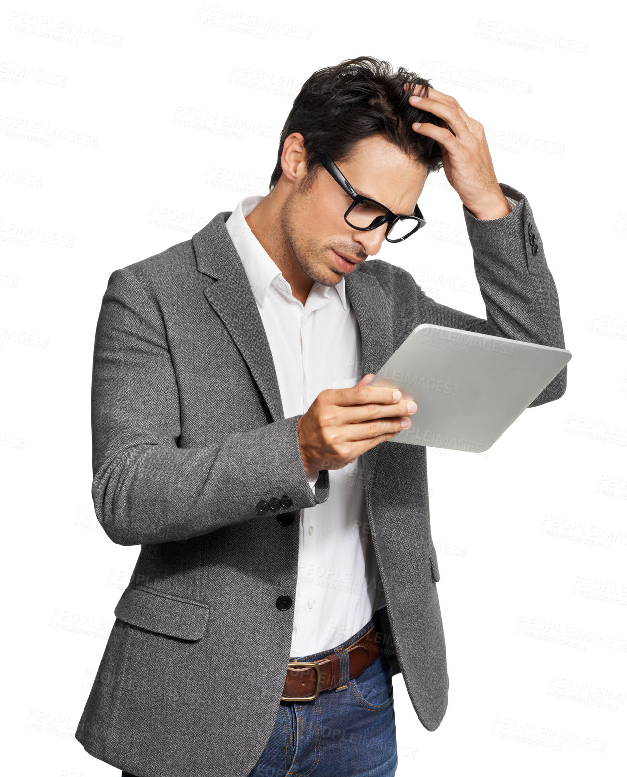Buy stock photo Confused, thinking and business man with tablet in studio for email, review or bad feedback on white background. Stress, anxiety and male entrepreneur with digital app fail, glitch or 404 disaster