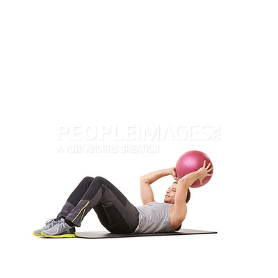 Buy stock photo Man, medicine ball and sit up for workout fitness in studio on white background for mockup space, health or strength. Male person, sports equipment and training mat, target stomach muscle or wellness