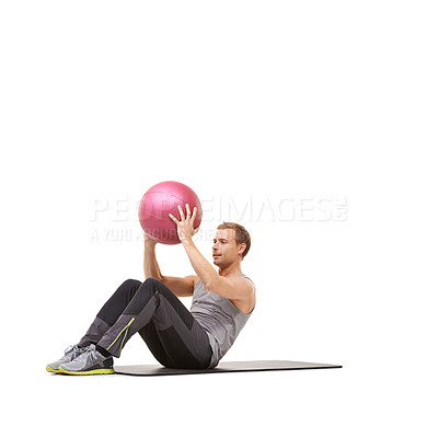 Buy stock photo Man, medicine ball and gym sit up or workout in studio on white background for mockup space, healthy or strength. Male person, sports equipment and training mat, target stomach muscle or wellness