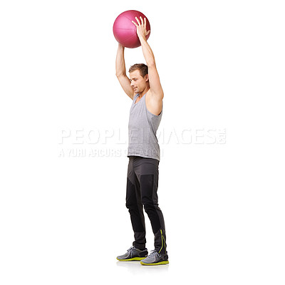 Buy stock photo Man, medicine ball and gym workout in studio for training exercise, balance goal or white background. Male person, sports equipment and muscle fitness or mockup space for healthy, cardio or strong