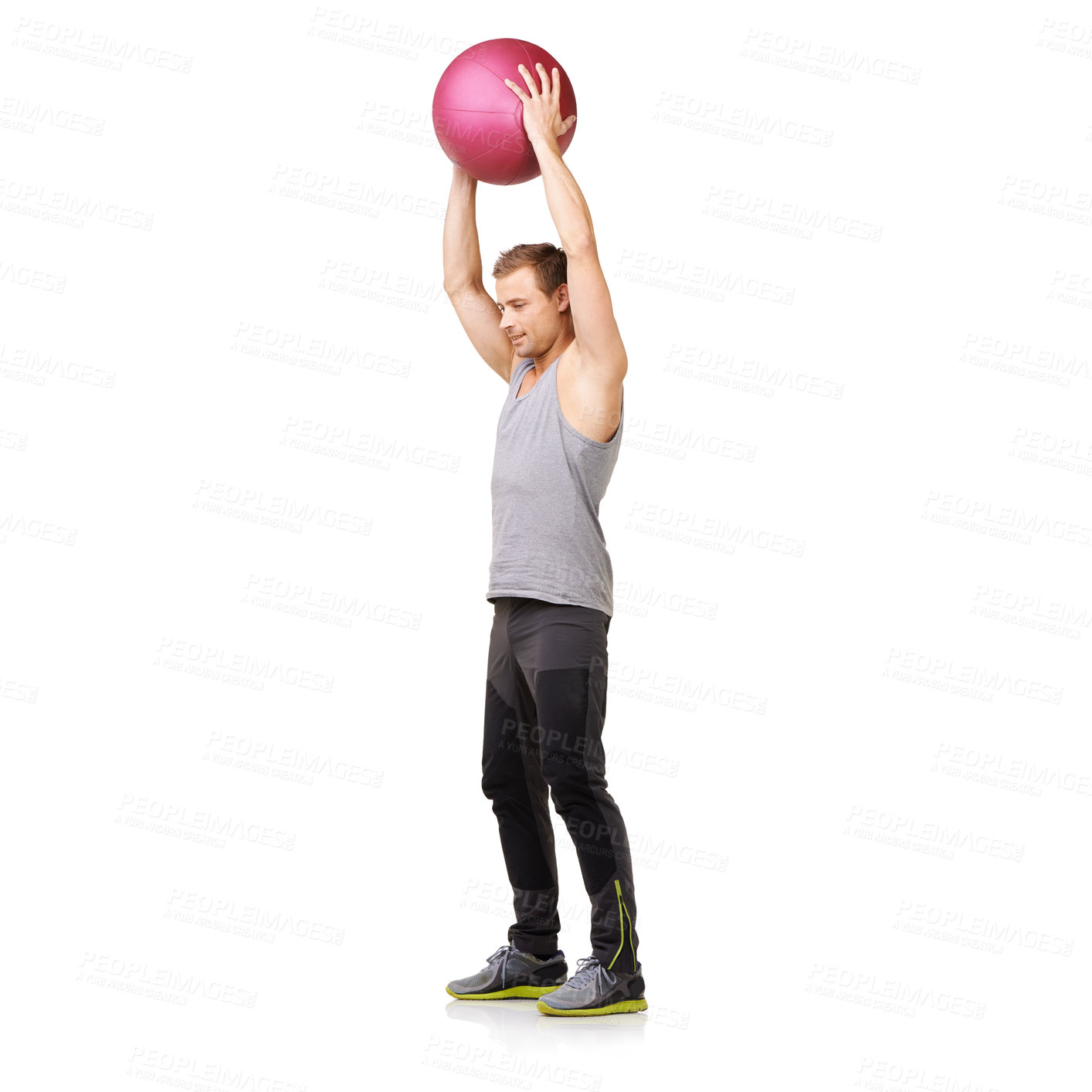 Buy stock photo Man, medicine ball and gym workout in studio for training exercise, balance goal or white background. Male person, sports equipment and muscle fitness or mockup space for healthy, cardio or strong