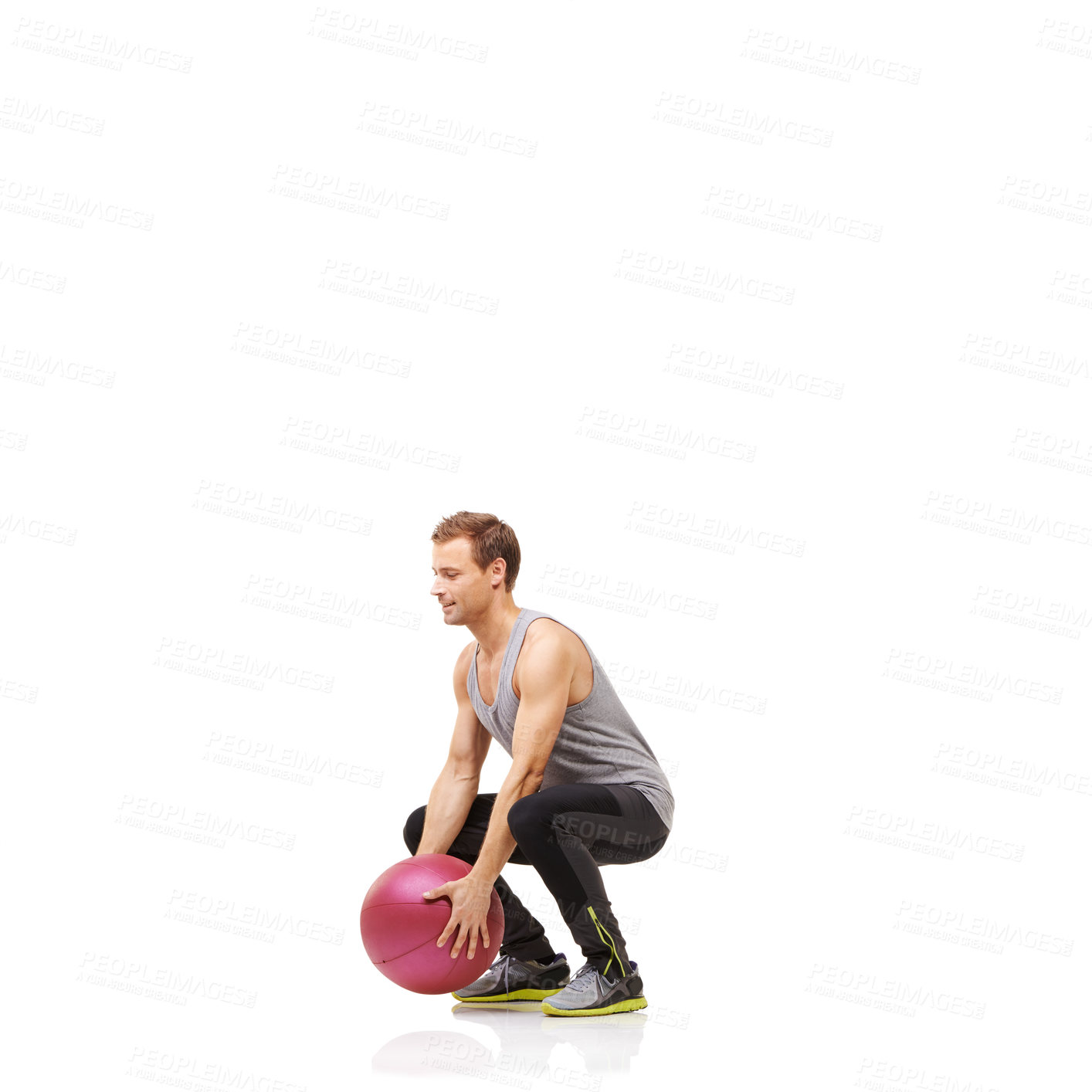 Buy stock photo Man, medicine ball and squat exercise workout in studio or glute training, gym strong or white background. Male person, sport equipment and leg balance as mockup space, challenge or health wellness