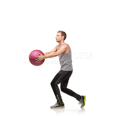 Buy stock photo Man in studio with power, gym ball and mockup for exercise, body wellness and commitment. Workout, muscle training and athlete with sphere for balance, fitness and performance on white background.