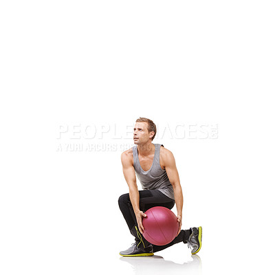 Buy stock photo Man in studio with fitness, gym ball and mockup for exercise, body wellness and commitment. Workout, muscle training and athlete with sphere for balance, stability and performance on white background