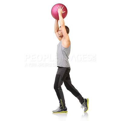 Buy stock photo Man in studio with stretching, gym ball and mockup for exercise, body wellness and commitment. Workout, muscle training and athlete with sphere for balance, fitness or performance on white background
