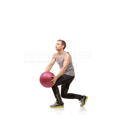 Buy stock photo Man in studio with fitness, medicine ball and mockup for exercise, body wellness and commitment. Workout, muscle training and athlete with sphere for balance, gym and performance on white background.