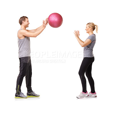 Buy stock photo Fitness, man and woman with gym ball with coaching in exercise, body wellness and support. Sports workout, girl and personal trainer with sphere for balance, training and power on white background.