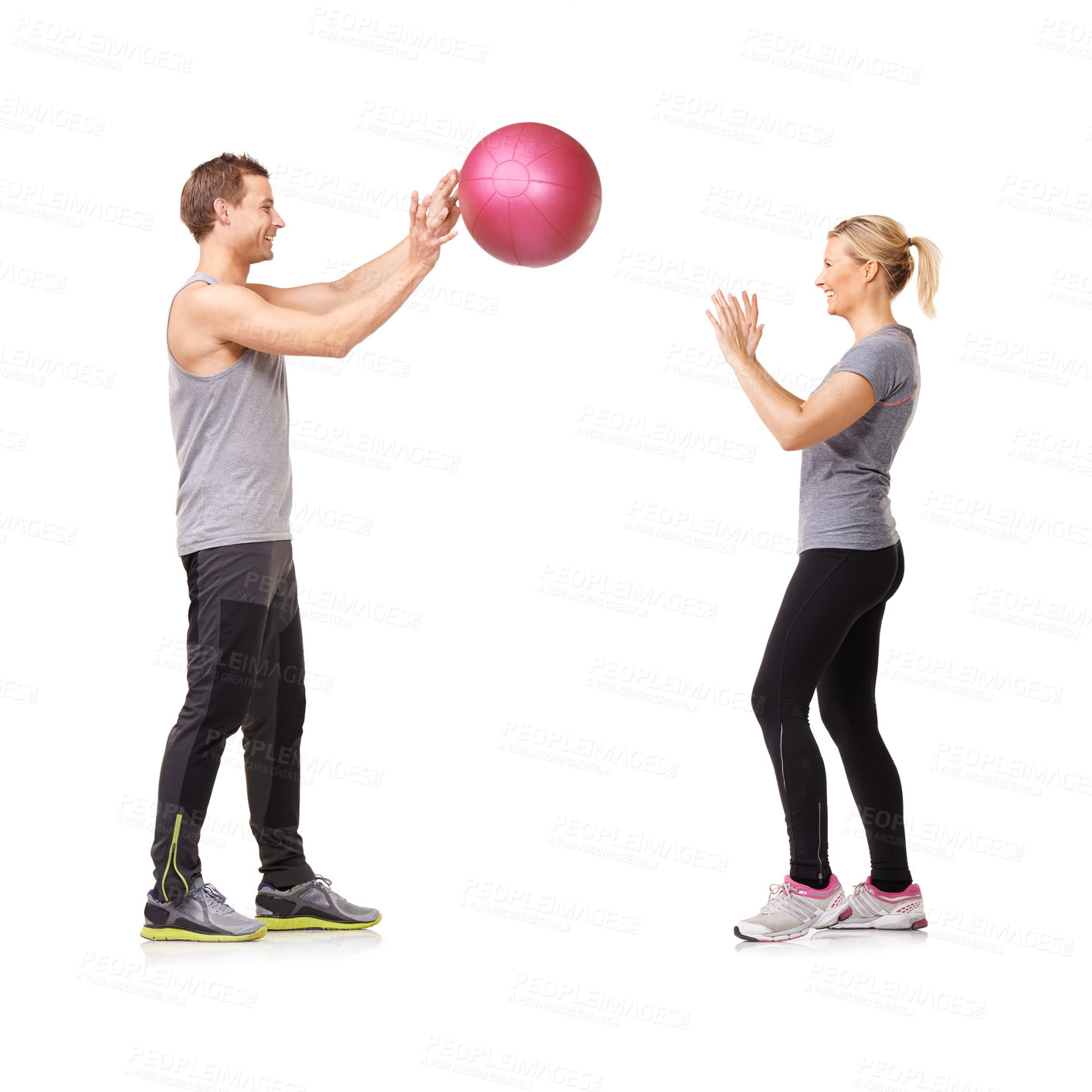 Buy stock photo Fitness, man and woman with gym ball with coaching in exercise, body wellness and support. Sports workout, girl and personal trainer with sphere for balance, training and power on white background.
