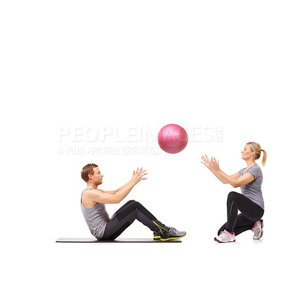 Buy stock photo Coach, man and woman with gym ball for fitness in studio, body wellness and support. Sports workout, fit girl and personal trainer with sphere for balance, training and power on white background.