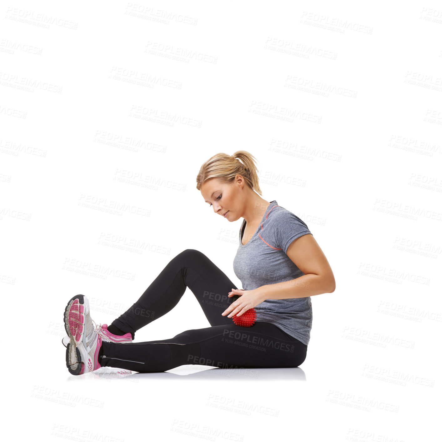 Buy stock photo Woman, massage ball and healing in studio, injury and health or wellness by white background. Female person, athlete and physical therapy or rehabilitation for muscles in legs and body in mockup