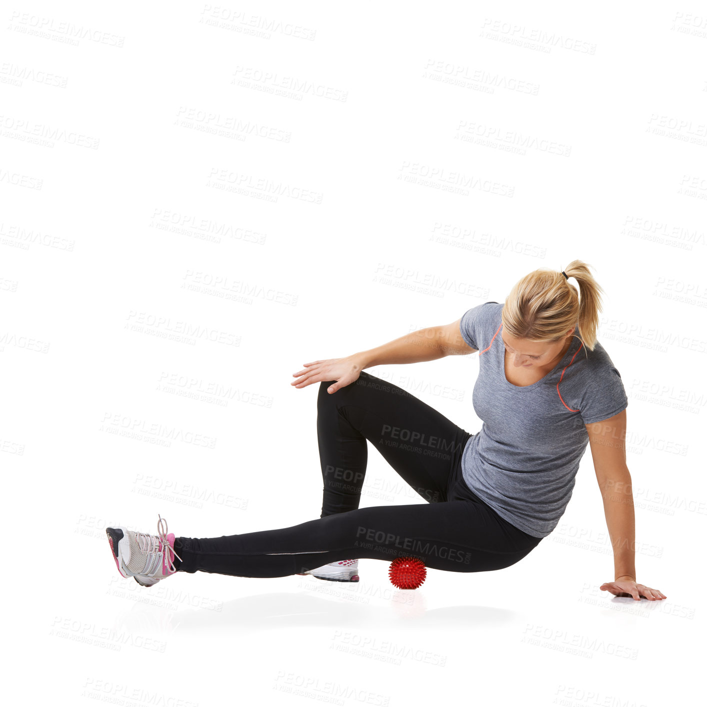 Buy stock photo Massage ball, woman and leg health for fitness, workout and sport training injury in studio. Physio, stretching and exercise equipment with female person bruise and wellness with white background