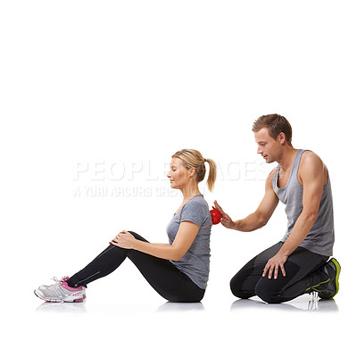 Buy stock photo Massage ball, physiotherapy and studio with a woman with sport, fitness and workout back injury. Physical therapy, man and wellness with physio health and helping with white background and support