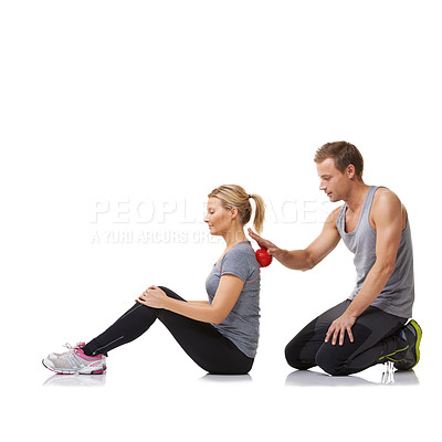 Buy stock photo Massage ball, physiotherapist and studio with a woman with sport, fitness and workout back injury. Physical therapy, man and wellness with physio health and helping with white background and support