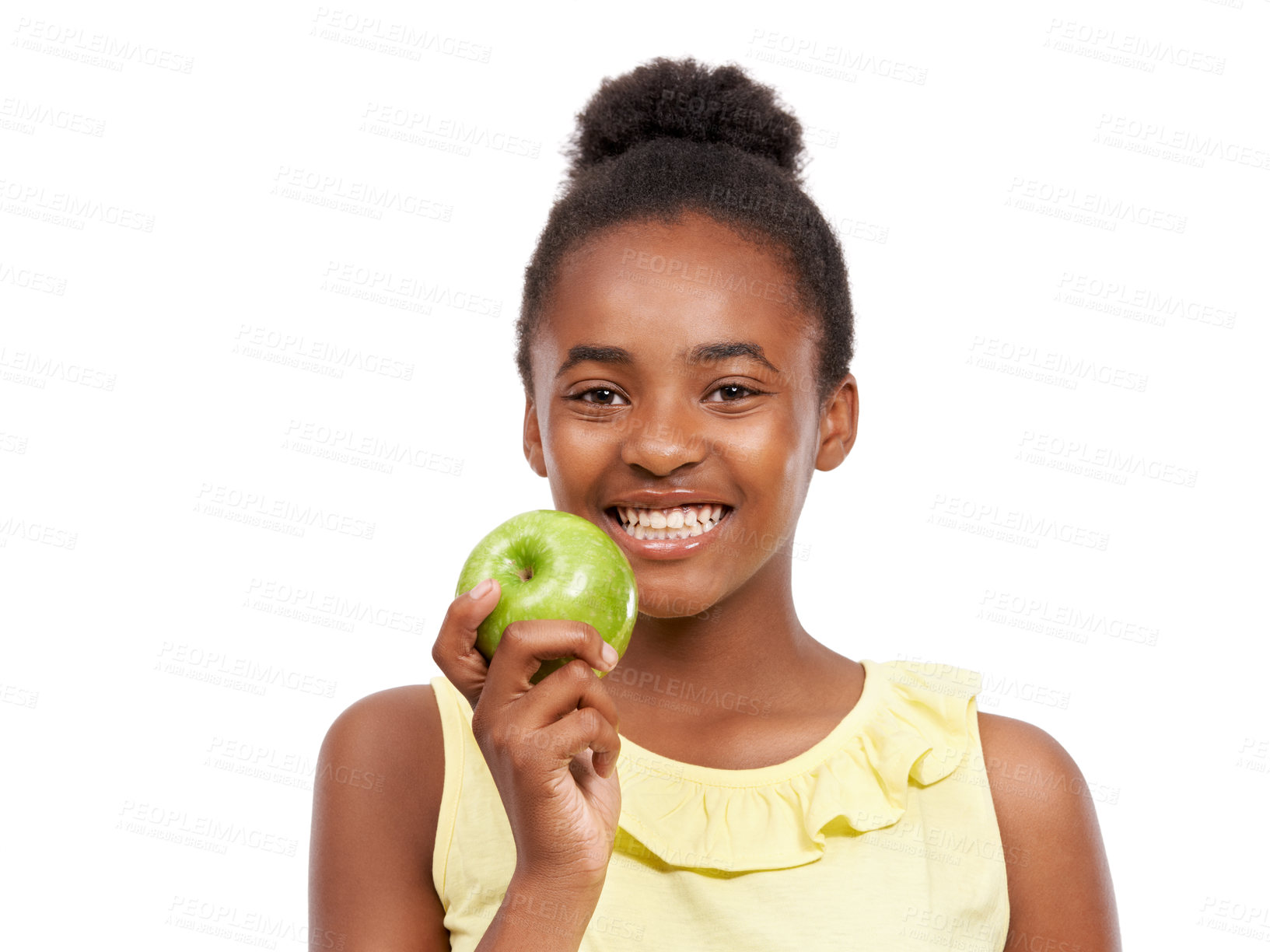 Buy stock photo Smile, health and portrait of girl and apple in studio for nutrition, wellness and diet. Food, self care and vitamin c with face of African student and fruit on white background for fiber mockup
