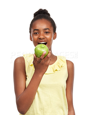 Buy stock photo Eating, smile with portrait of girl and apple in studio for nutrition, wellness and diet. Food, self care and vitamin c with face of African student and fruit on white background for fiber and health