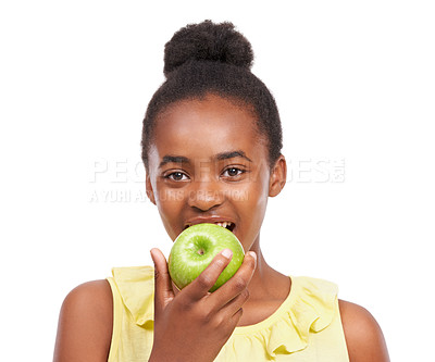 Buy stock photo Eating, wellness and portrait of girl and apple in studio for nutrition, health and diet. Food, self care and vitamin c with face of African teenage child and fruit on white background with a smile