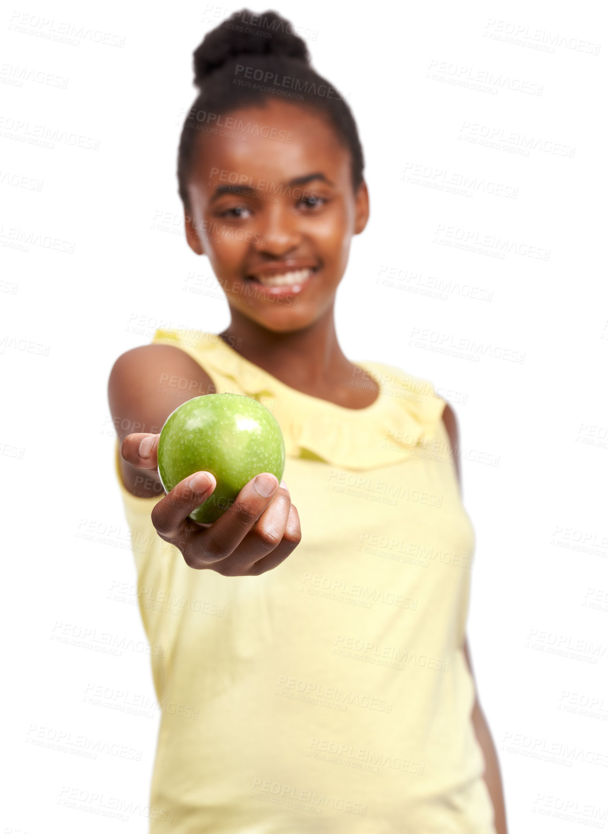 Buy stock photo Offer, health and portrait of girl and apple in studio for nutrition, wellness and diet. Food, self care and vitamin c with face of African child and fruit on white background for fiber and balance