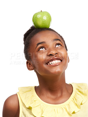 Buy stock photo Balance, smile and health with girl and apple in studio for nutrition, wellness and diet. Food, self care and vitamin c with face of African teenage child and fruit on white background for choice