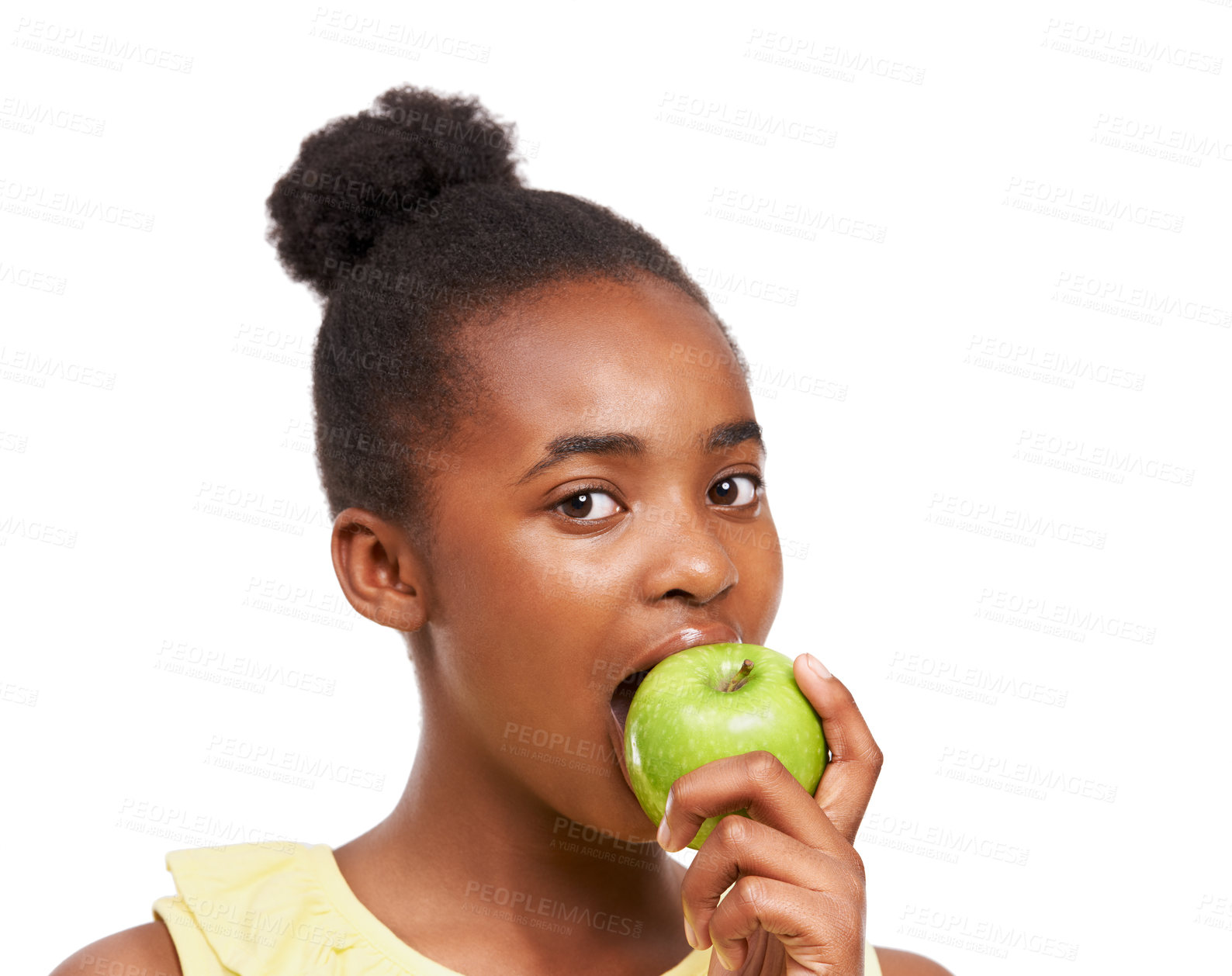 Buy stock photo Eating, health and portrait of girl and apple in studio for nutrition, wellness or diet. Food, self care and vitamin c with face of African student and fruit on white background for fiber and balance