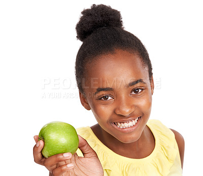 Buy stock photo Food, health and portrait of girl and apple in studio for nutrition, wellness and diet. Smile, self care and vitamin c with face of African student and fruit on white background for fiber mockup