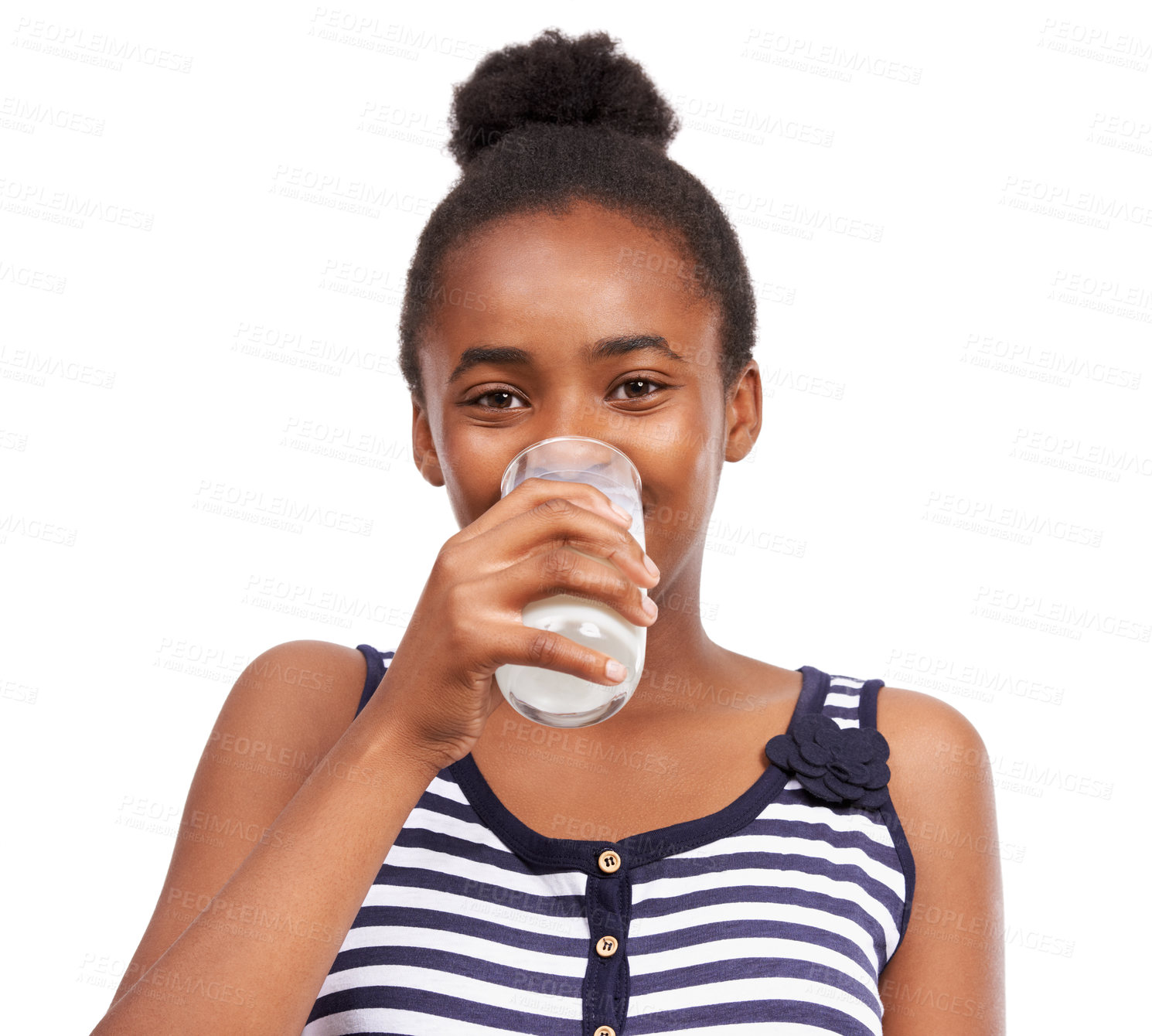 Buy stock photo Portrait, wellness and black woman drinking milk, healthy diet or calcium isolated on white studio background. Face, African person or model with a glass, nutrition or organic dairy with mockup space