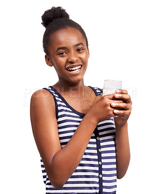 Buy stock photo Studio portrait of a young african american girl drinking a glass of milk isolated on white