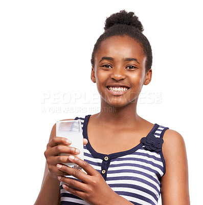 Buy stock photo Portrait, happy and black woman drinking milk, healthy and wellness isolated on a white studio background. Face, African person or nutrition with a glass, calcium and organic dairy with mockup space
