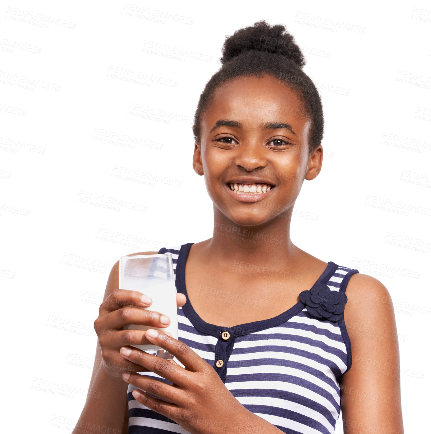 Buy stock photo Portrait, happy and black woman drinking milk, healthy and wellness isolated on a white studio background. Face, African person or nutrition with a glass, calcium and organic dairy with mockup space
