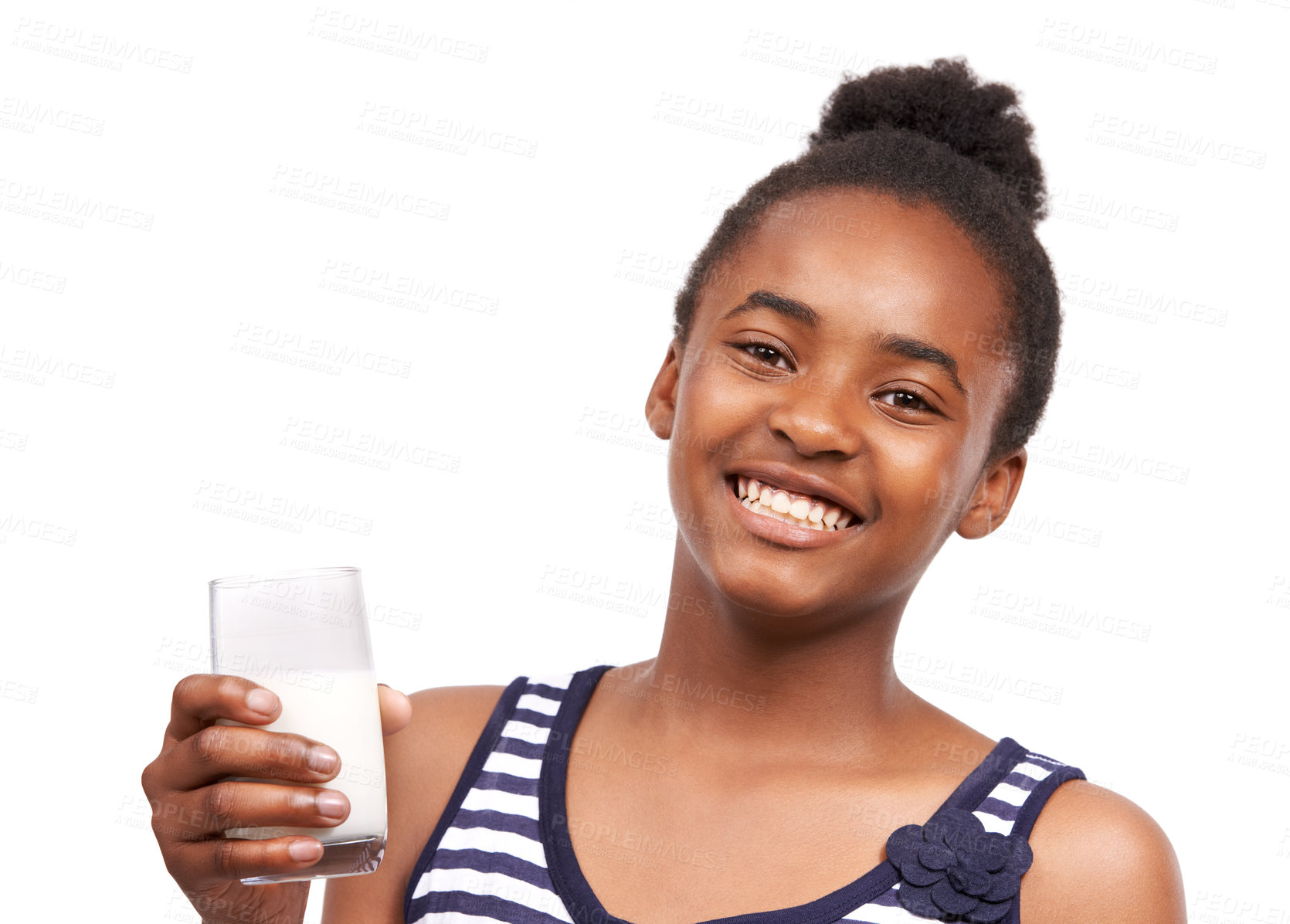 Buy stock photo Portrait, smile and black woman drinking milk, healthy diet and wellness isolated on a white studio background. Face, African person or model with a glass, calcium and organic dairy with mockup space