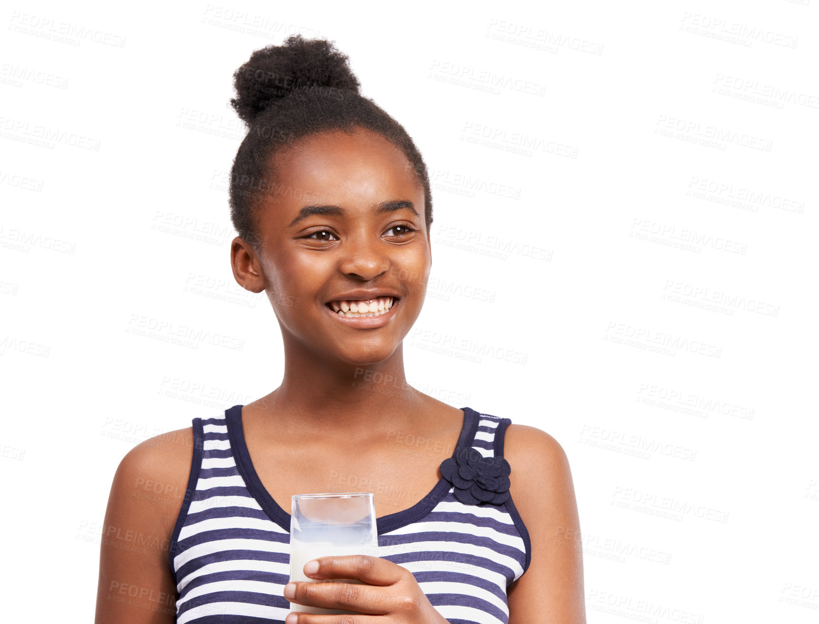Buy stock photo Thinking, smile and girl with a glass of milk, nutrition or wellness isolated on white studio background. African person, mockup space or model with calcium, diet plan or healthy with idea or natural