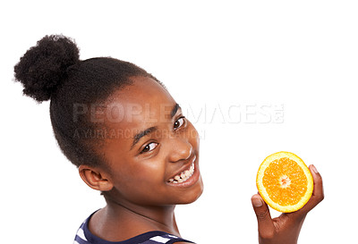 Buy stock photo Offer, health and portrait of girl and orange in studio for nutrition, wellness and diet. Food, self care and vitamin c with face of African student and fruit on white background for fiber mockup