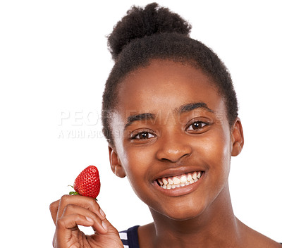 Buy stock photo Nutrition, health and portrait of girl and strawberry in studio for smile, wellness and diet. Food, self care and vitamin c with face of African teenage child and fruit on white background for mockup