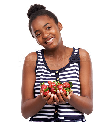 Buy stock photo Health and portrait of child and strawberry in studio for nutrition, wellness and diet offer. Food, self care and vitamin c with face of African student and fruits on white background for fiber