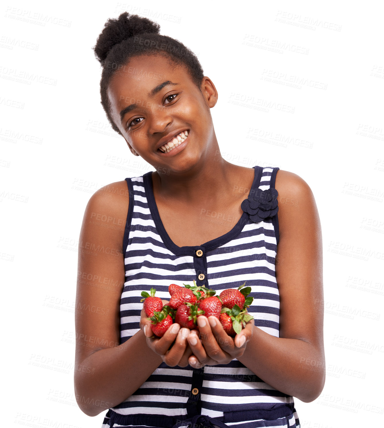 Buy stock photo Health and portrait of child and strawberry in studio for nutrition, wellness and diet offer. Food, self care and vitamin c with face of African student and fruits on white background for fiber