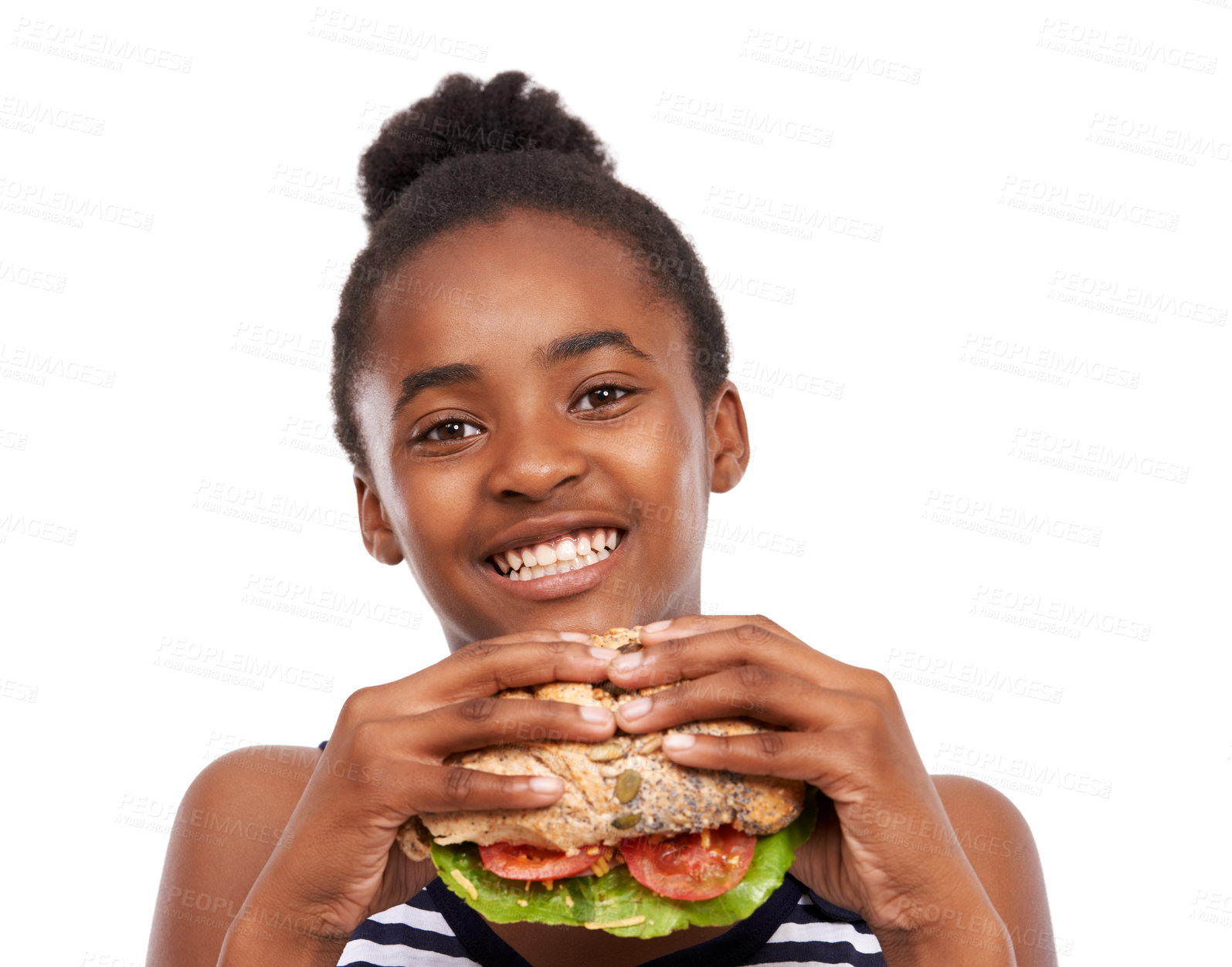Buy stock photo Sandwich, portrait and woman eating fast food and happy with lunch meal isolated on a white studio background. Breakfast, craving and face with African person enjoy snack, mockup space and burger