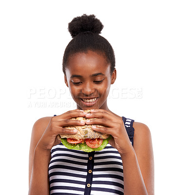 Buy stock photo Sandwich, delicious and woman eating fast food and happy with lunch meal isolated on a white studio background. Breakfast, craving and smile with African person enjoy snack, mockup space and burger
