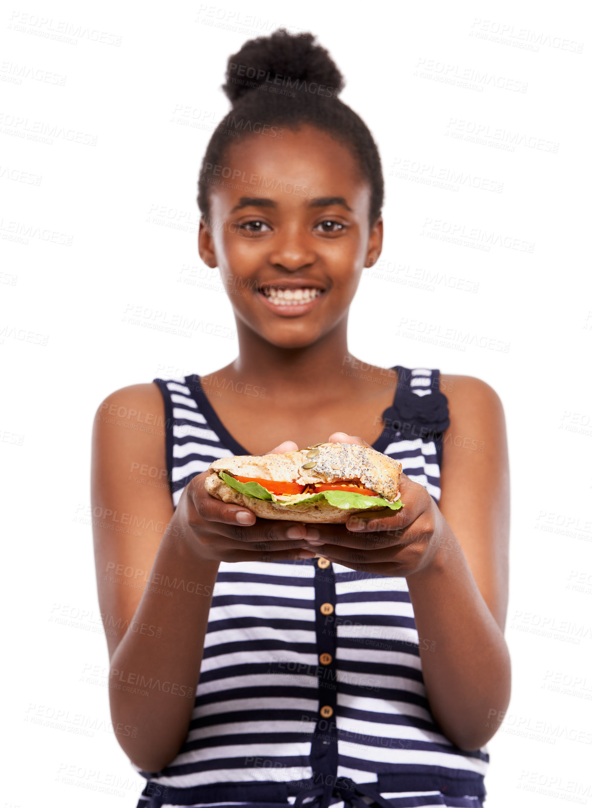 Buy stock photo Portrait of a happy young african american girl holding a salad sandwich isolated on white