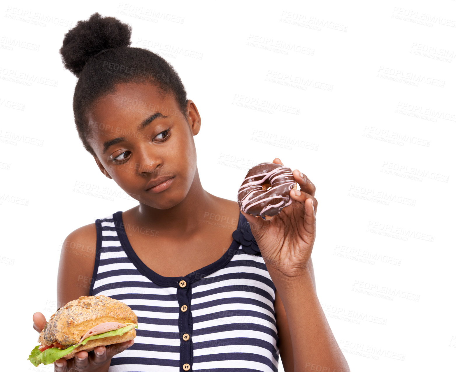 Buy stock photo Black girl, decision and donut with sandwich, choice and nutrition isolated on a white studio background. African person, mockup space and model with sweet snack, burger and comparison with wellness