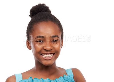 Buy stock photo Head and shoulders studio portrait of a happy-looking young african american girl isolated on white