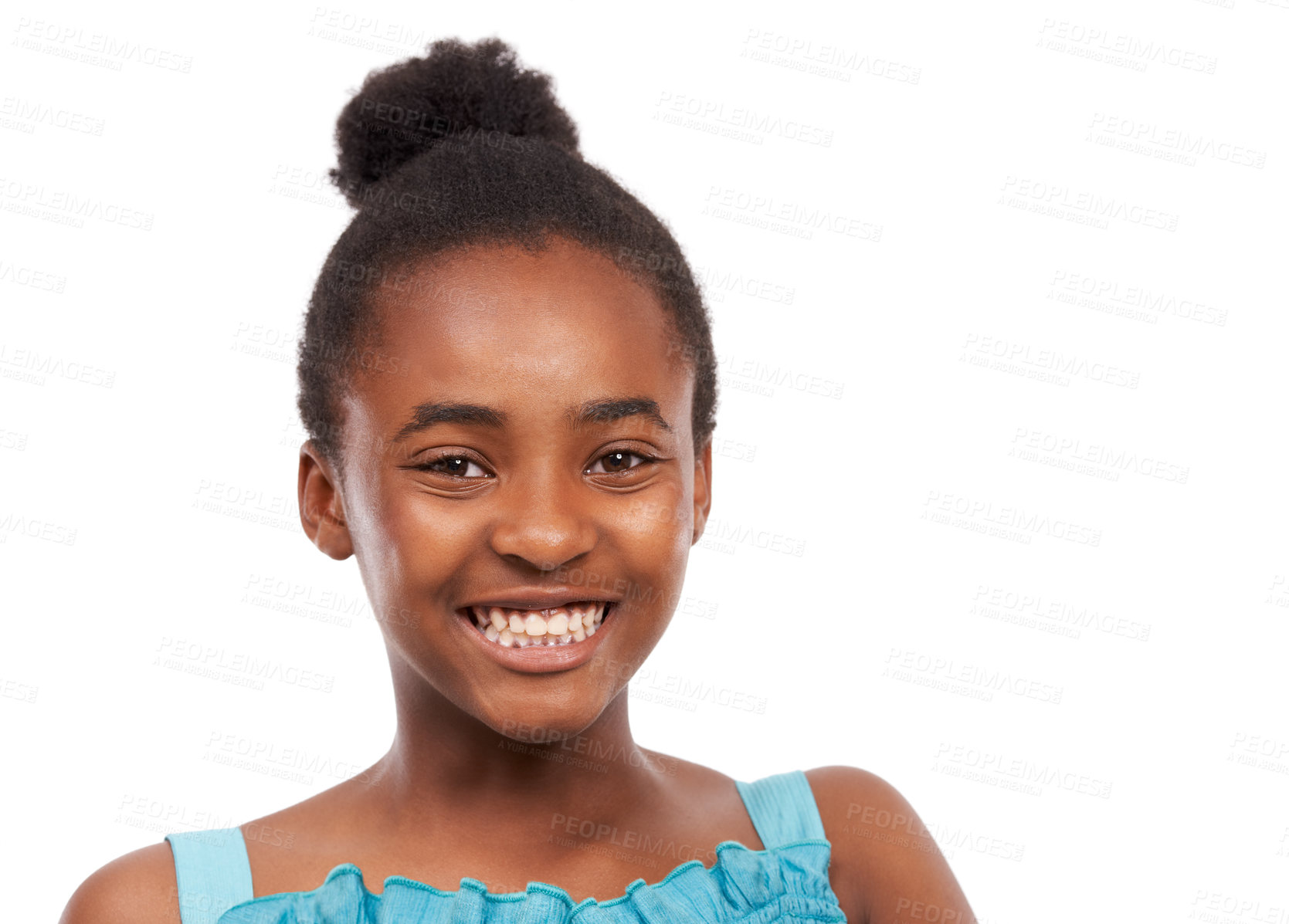 Buy stock photo Head and shoulders studio portrait of a happy-looking young african american girl isolated on white