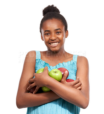 Buy stock photo Portrait, girl and child with nutrition, apples and smile isolated on a white studio background. Face, African person and model with organic fruit, healthy snack and wellness with diet, happy and kid
